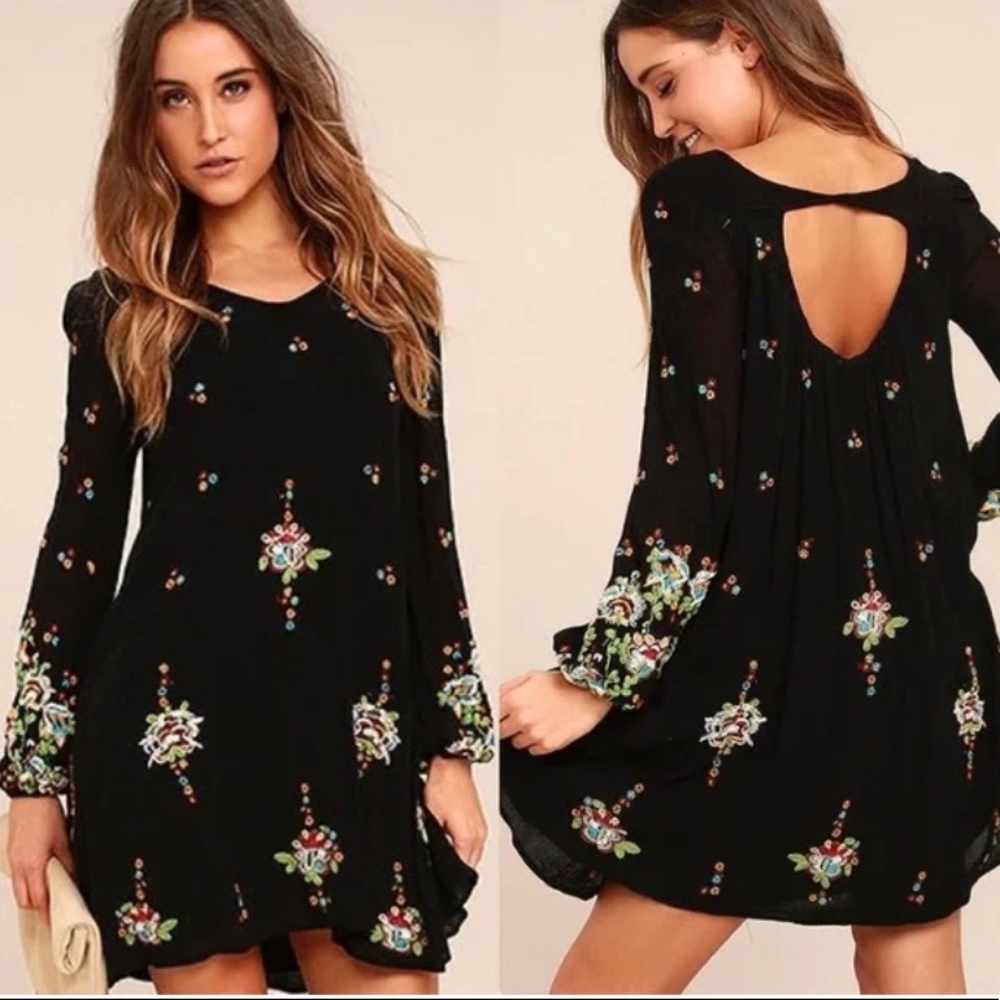 Free People Black Embroidered Swing Dress Size Small